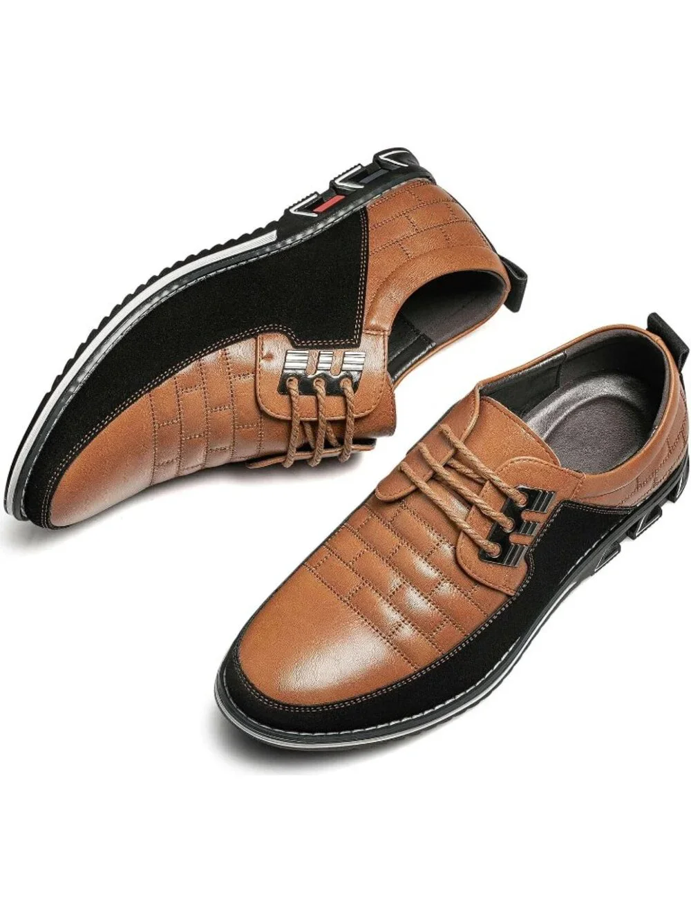 Men's Coffee Plaid Embossed Grid Leather Comfortable Hybrid Oxford Dress Sneaker